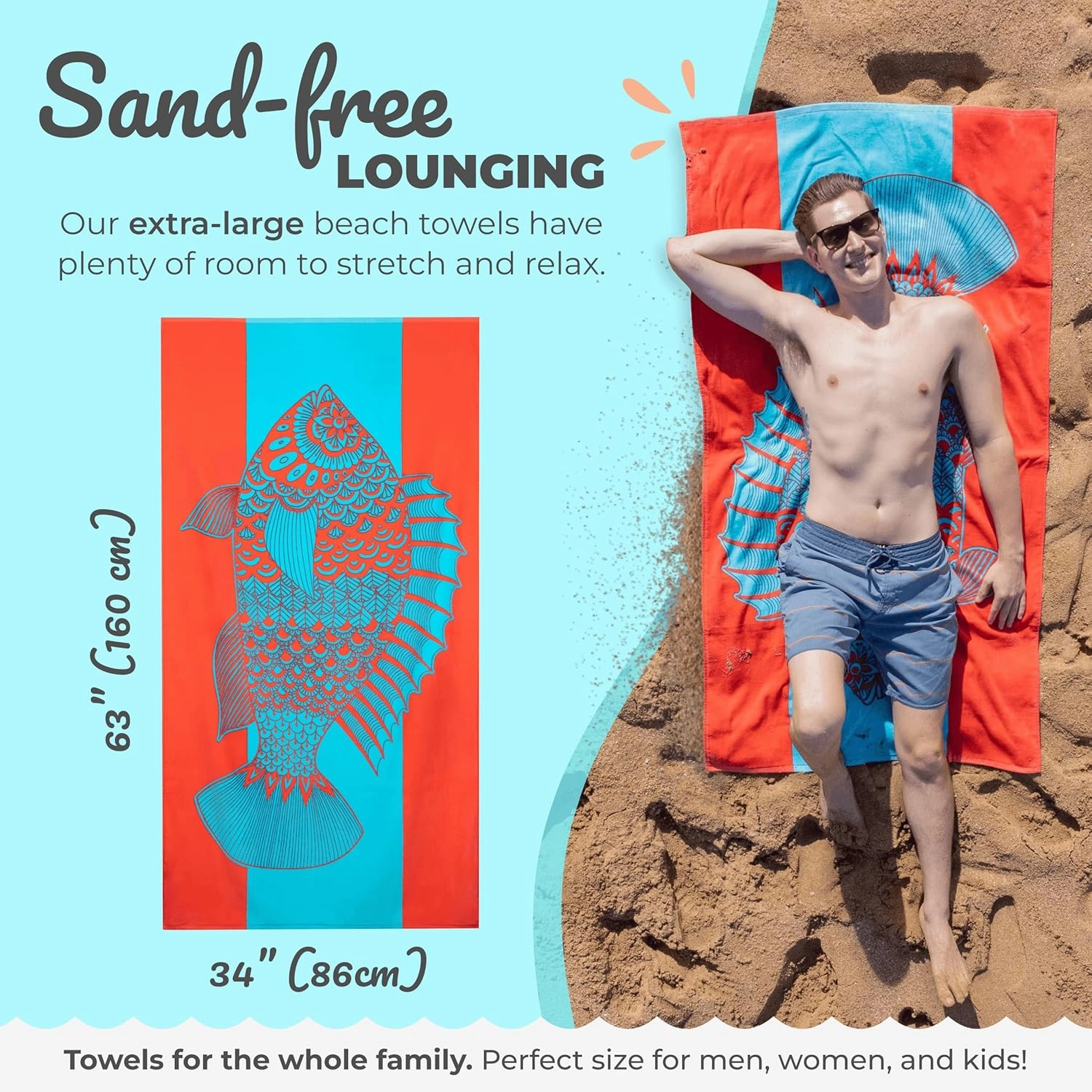 Nova Blue Tropical Fish Beach Towel (34 X 63) – Bright Red & Blue Packable Beach Towel Made from 100% Cotton – Vibrant Colorful Bath Towel – Turquoise Beach Blanket Towel