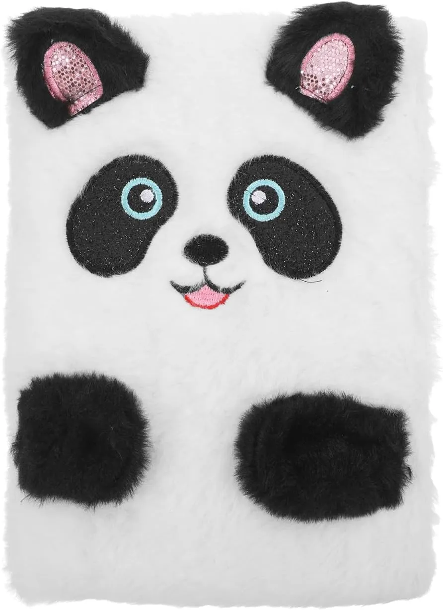 NUOBESTY Plush Notebook, Faux Fur Notebook for Kids, Panda Pattern Diary Journal Hardcover Notebook Writing Pad School Stationery White
