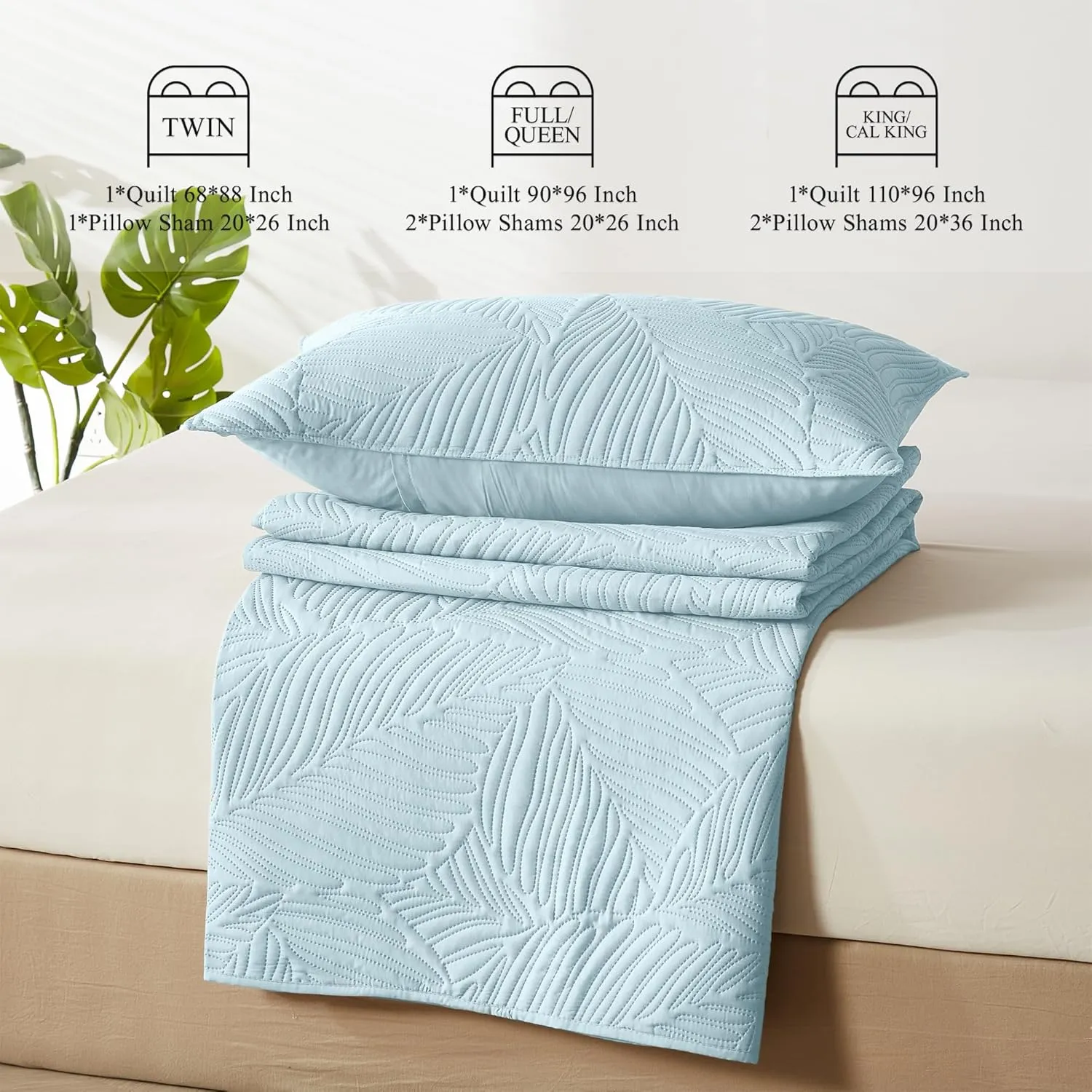 OARAGE Twin Quilt Bedding Set Aqua Blue Soft Lightweight Bedspread with Leaf Pattern Ultrasonic Microfiber Bed Coverlet for All Season (1 Quilt,1 Sham)
