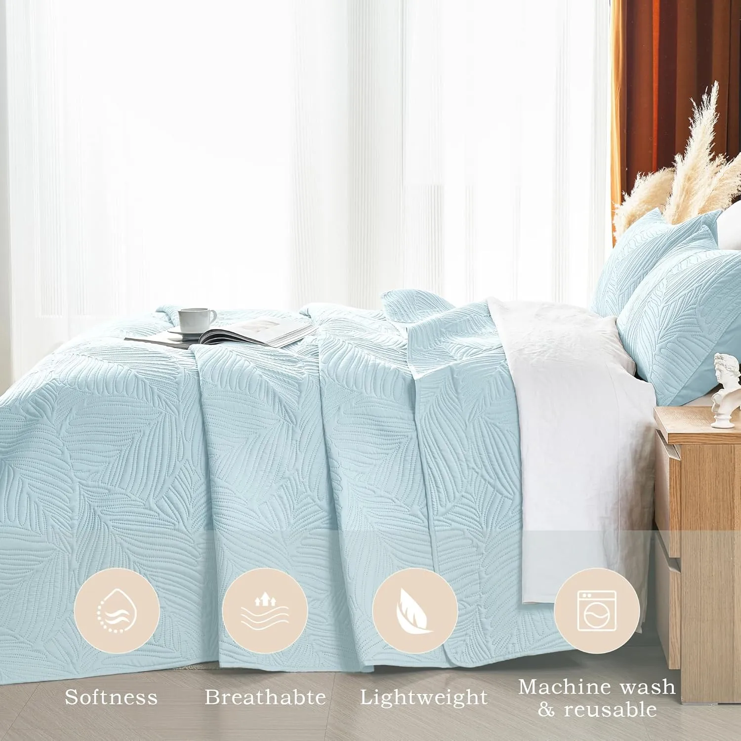 OARAGE Twin Quilt Bedding Set Aqua Blue Soft Lightweight Bedspread with Leaf Pattern Ultrasonic Microfiber Bed Coverlet for All Season (1 Quilt,1 Sham)