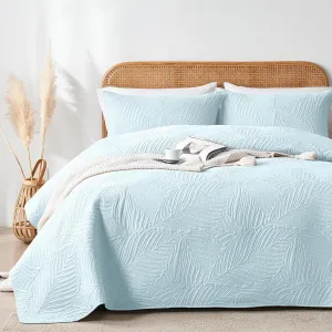 OARAGE Twin Quilt Bedding Set Aqua Blue Soft Lightweight Bedspread with Leaf Pattern Ultrasonic Microfiber Bed Coverlet for All Season (1 Quilt,1 Sham)