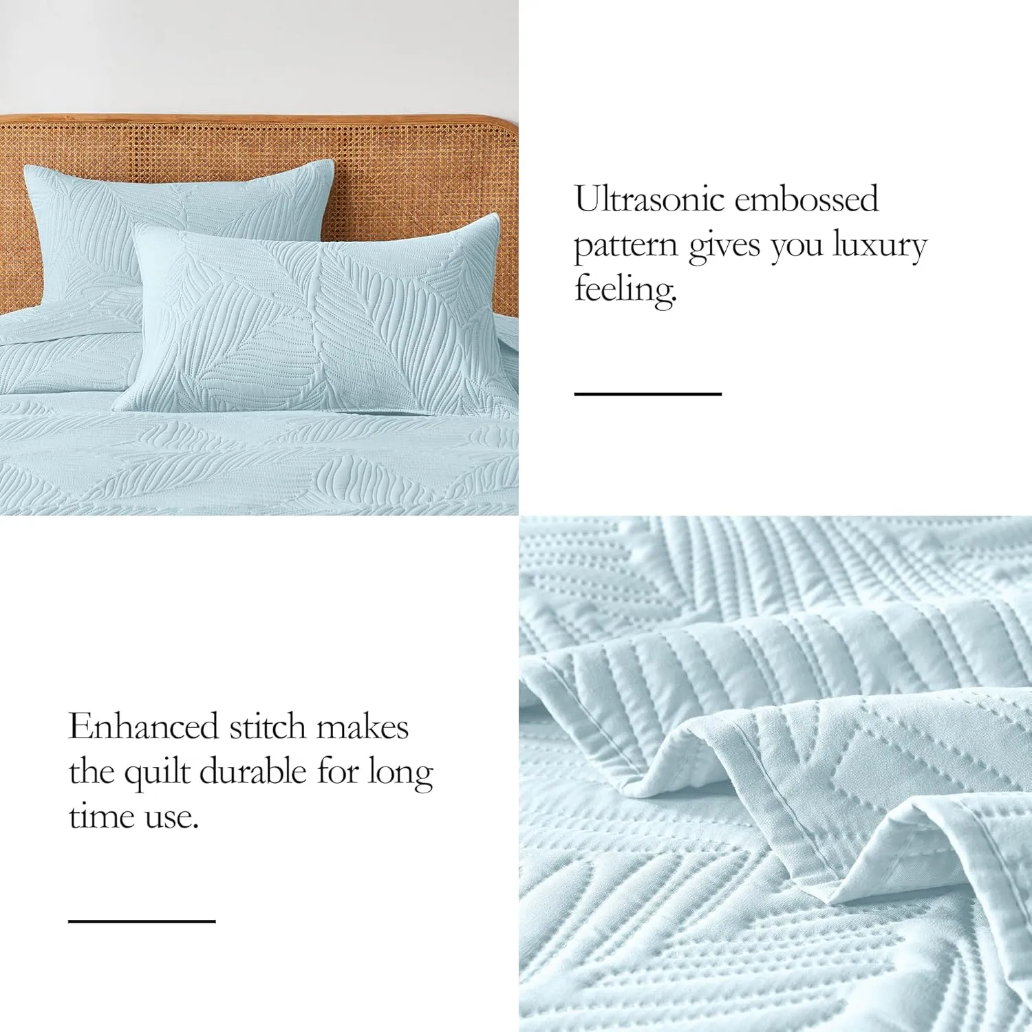 OARAGE Twin Quilt Bedding Set Aqua Blue Soft Lightweight Bedspread with Leaf Pattern Ultrasonic Microfiber Bed Coverlet for All Season (1 Quilt,1 Sham)