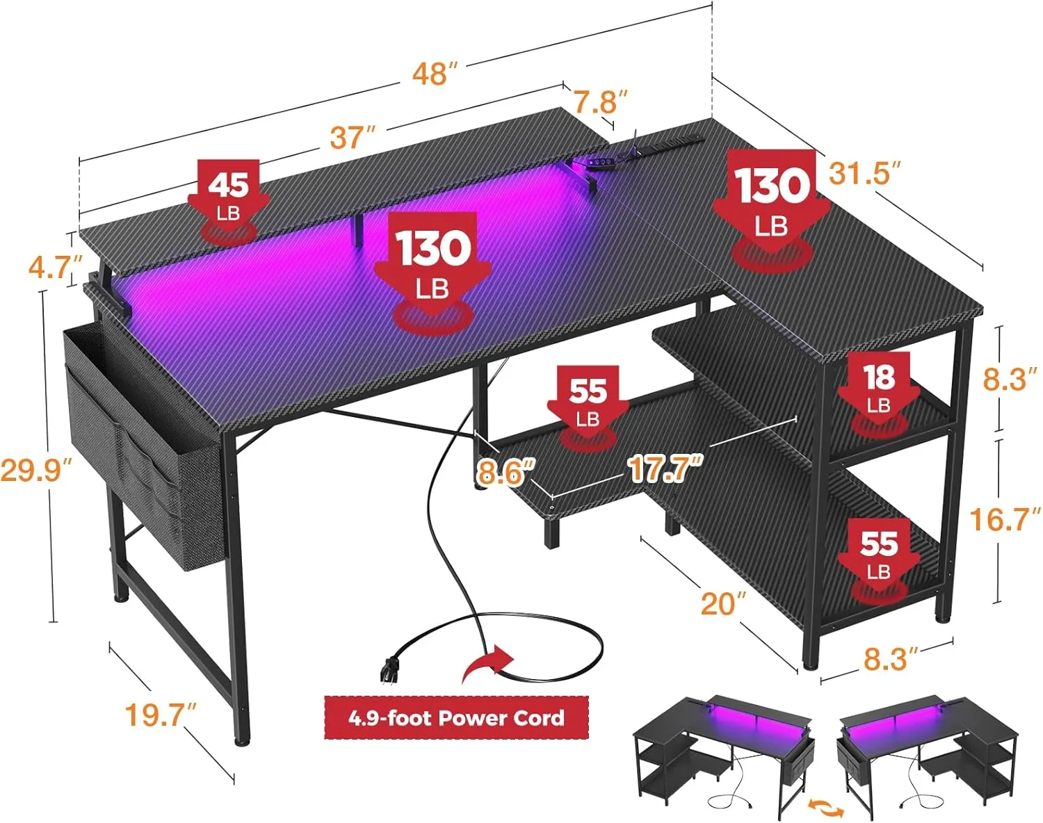 ODK 48 Inch Gaming Desk with USB Charging Ports and LED Lights, Reversible L Shaped Computer Desk with Storage Shelves & Monitor Stand, Corner Gamer Desk Table with Power Outlets, Black