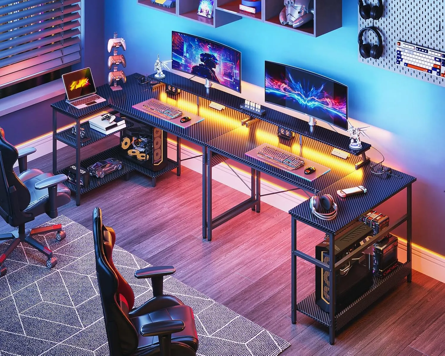 ODK 48 Inch Gaming Desk with USB Charging Ports and LED Lights, Reversible L Shaped Computer Desk with Storage Shelves & Monitor Stand, Corner Gamer Desk Table with Power Outlets, Black