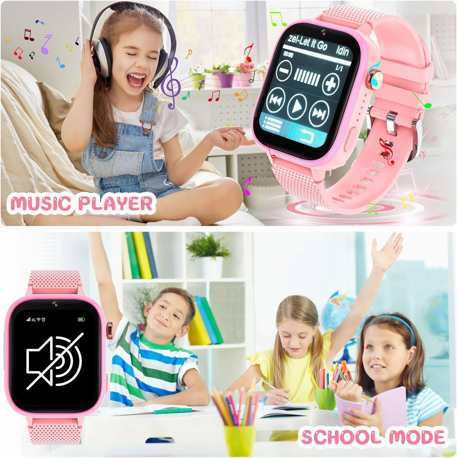 OKYUK 4G Kids Smart Watch, 15 Exciting Games, Two-Way Calling Feature, SOS Emergency Call Button Ideal for Kids Aged 3-12, for Boys & Girls (Pink)