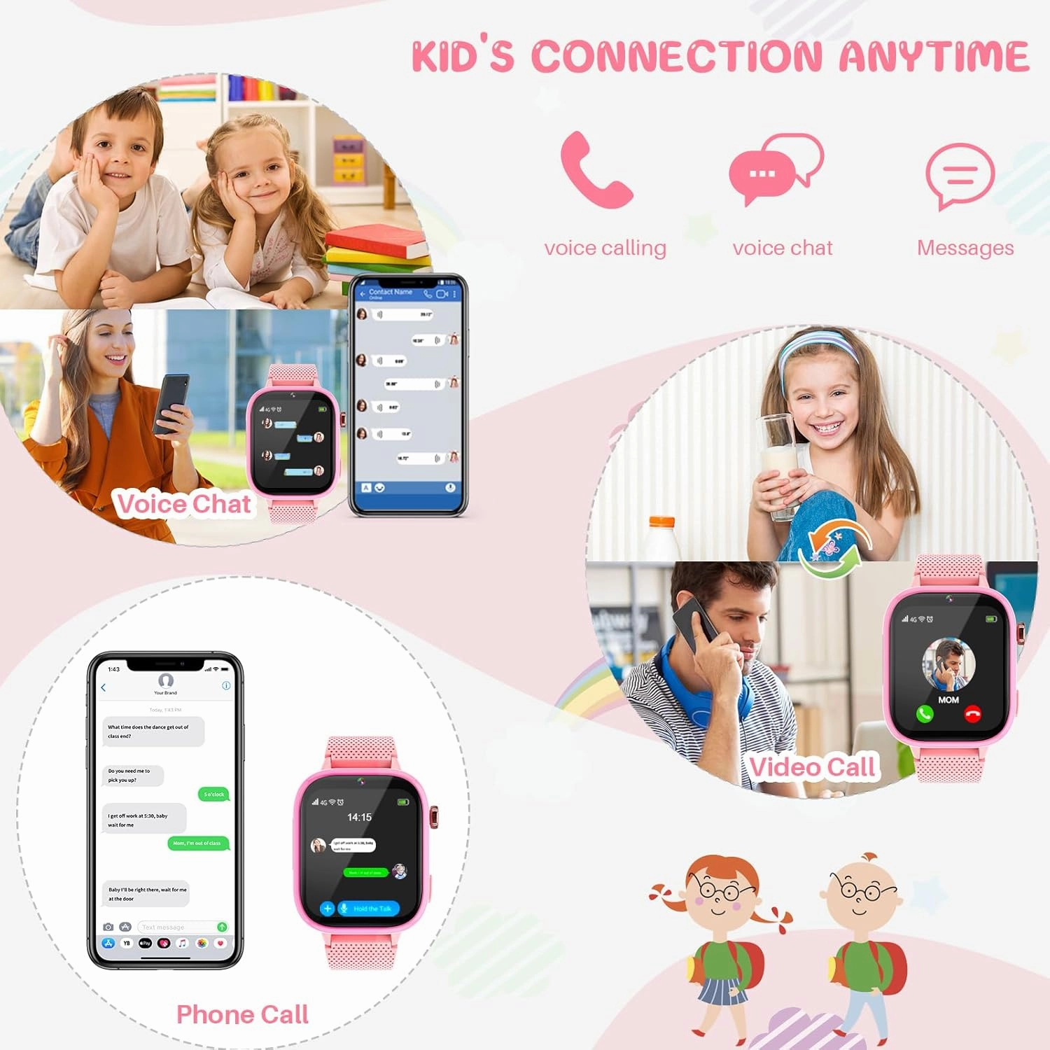 OKYUK 4G Kids Smart Watch, 15 Exciting Games, Two-Way Calling Feature, SOS Emergency Call Button Ideal for Kids Aged 3-12, for Boys & Girls (Pink)