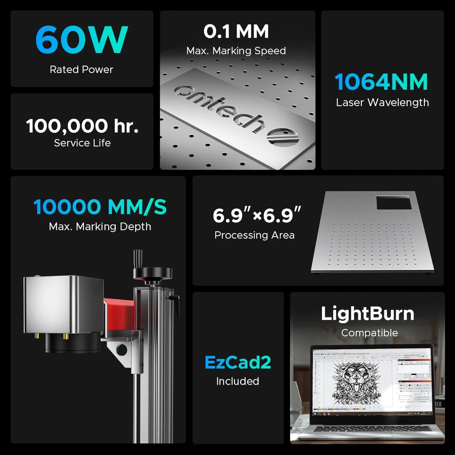 OMTech 60W Fiber Laser Marking Machine, LightBurn Compatible MOPA Laser Engraver with Red Dot Guide for Metal Color Marking, 7x7 Solid State Laser Etching Machine for Aluminum Steel Gold Jewelry More