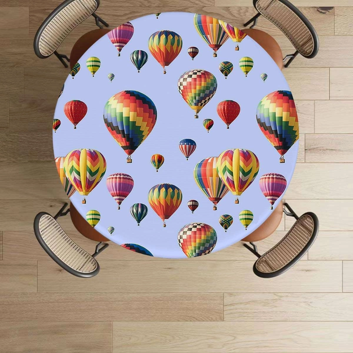 OOzie Blue Round Tablecloth with Elastic Edge Nostalgic Hot Air Balloons in Sky Flying Journey Round Fitted Table Cover The Ultimate Protection for Your Table Colorful Fits up 45"-50" Diameter Tables