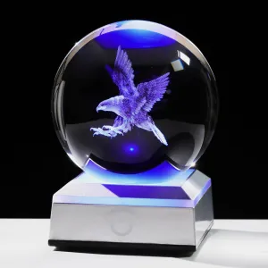 Ornalrist 3.15"/ 8CM Crystal Ball 3D Engraved Eagle Gifts for Men Kids Glass Sphere with LED Colorful Base Ideas on Birthday Christmas Graduation for Him Home Decor Figurine