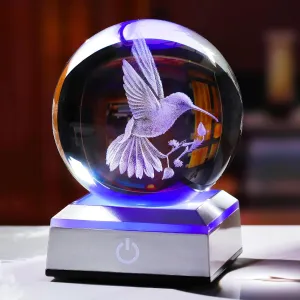 Ornalrist Crystal Ball 3D Engraved Hummingbird with LED Colorful Base, 3.15" Glass Sphere Ideas for Friends Home Decor Display, Hummingbird Gifts for Men Women on Birthday Christmas