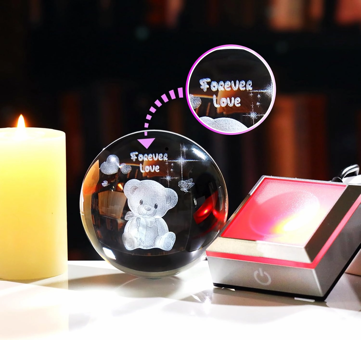 Ornalrist 3D Crystal Ball Engraved Bear and Forever Love Text with LED Base 3.15'' - Gifts for Woman, Girlfriend, Wife on Birthday, Valentine's Day Anniversary - Bear Figurine Collection Home Decor