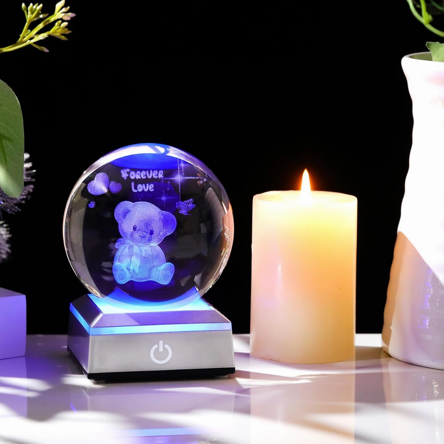 Ornalrist 3D Crystal Ball Engraved Bear and Forever Love Text with LED Base 3.15'' - Gifts for Woman, Girlfriend, Wife on Birthday, Valentine's Day Anniversary - Bear Figurine Collection Home Decor