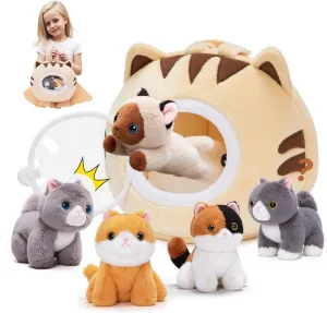 OUOZZZ Cat Stuffed Animal House – Plush Kitten Toy Set with 4 Soft Cats – Interactive & Travel-Friendly Kitties Carrier Playset for Toddlers & Kids – Huggable, Portable Birthday Gift for Baby Girls