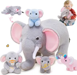 OUOZZZ Elephant Stuffed Animal with 4 Baby Elephants – Interactive Plush Toy Set with Crinkly Ears, Rotating Trunk – Travel-Friendly & Portable Gift for Baby Girls, Boys, Toddlers & Kids 14" x 6.3"