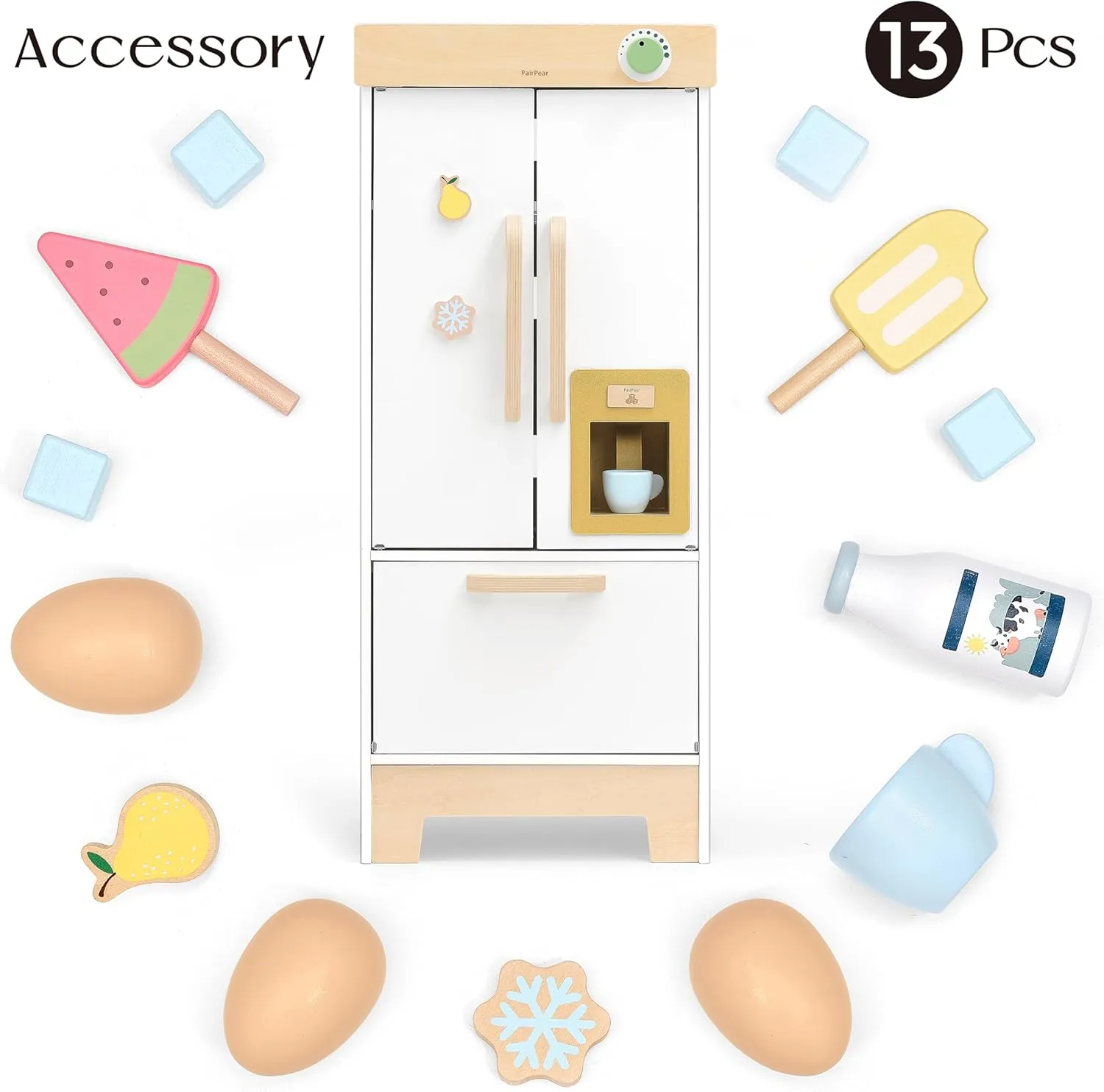 PairPear Kids Play Kitchen Toy Refrigerator, Wooden Toy Fridge Freezer Set for Kids, Toddler Kitchen Playset with Pretend Play Kitchen Acessories, Play Food Gift for Boys & Girls Age 3 