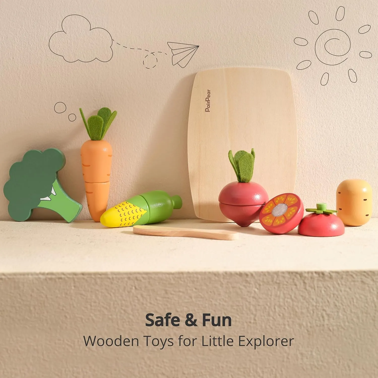 PairPear Wooden Toys Play Food Sets for Kids Kitchen, Kids Toy Food Cutting Vegetables Set for Toddlers 3  Years Old, Pretend Food Play Kitchen Accessories for Girls and Boys
