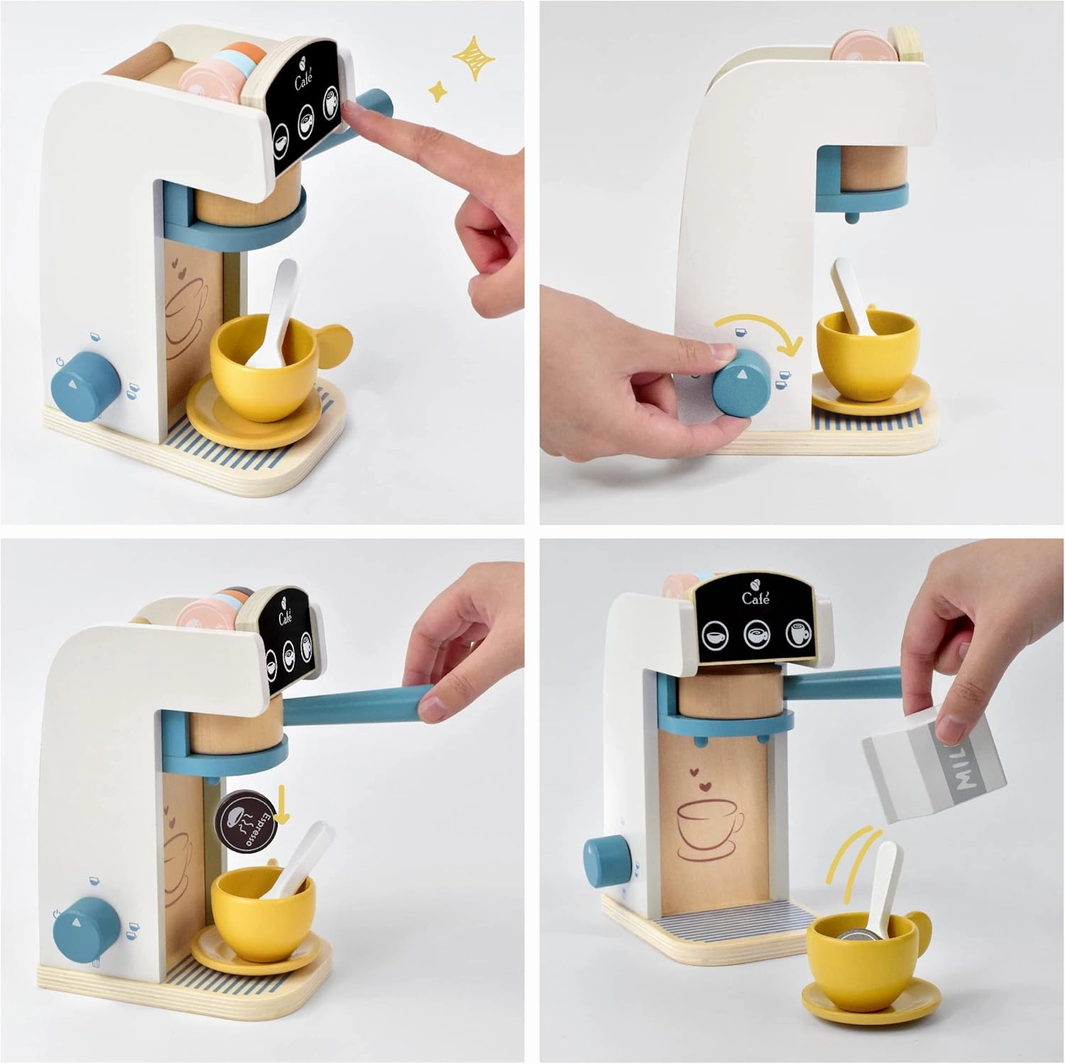PairPear Kids Wooden Toys Coffee Maker Toy Espresso Machine Playset - Toddler Play Kitchen Accessories Gift for Girls and Boys