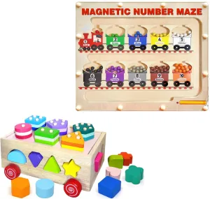 Panda Brothers Set of 2 Toys: Magnetic Maze & Wooden Shape Sorter Toy. Montessori Toys for Kids,Wooden Toys,Sensory Toys for 3 4 5 Year Old,Busy Board, Preschool Classroom STEM Toy for boy