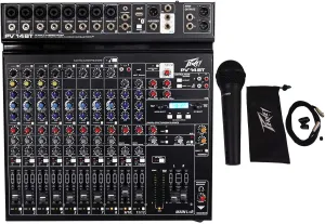 Peavey PV 14BT PV14BT Pro Audio Mixer,8 mic in,USB,Compressor/Effects Bluetooth Bundle with Peavey PVI100XLR Wired Dynamic Cardioid Vocal Microphone