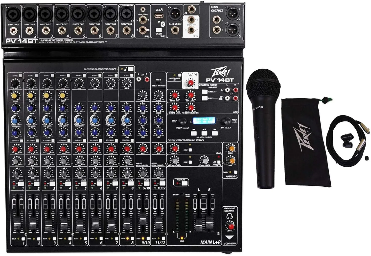 Peavey PV 14BT PV14BT Pro Audio Mixer,8 mic in,USB,Compressor/Effects Bluetooth Bundle with Peavey PVI100XLR Wired Dynamic Cardioid Vocal Microphone