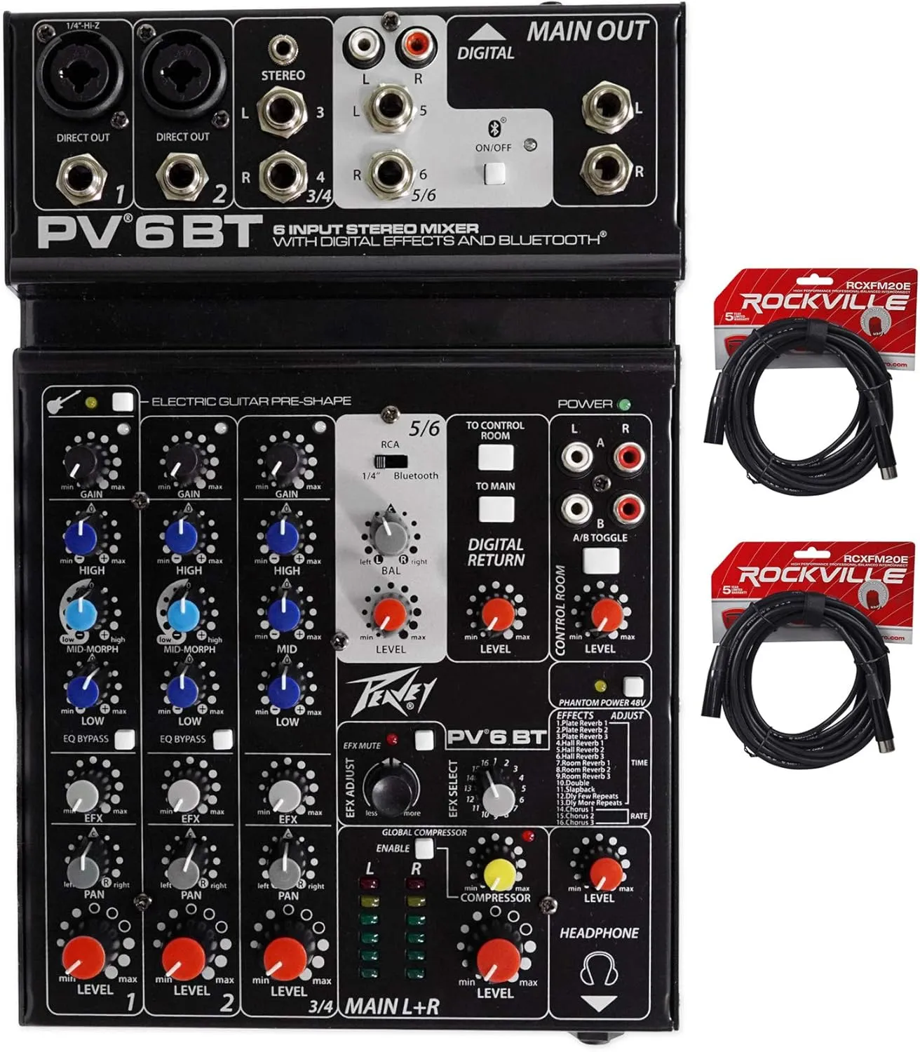 Peavey PV 6BT PV6BT Mixer, 2 Mic In, Bluetooth/USB/Compressor/FX (2) XLR Cables