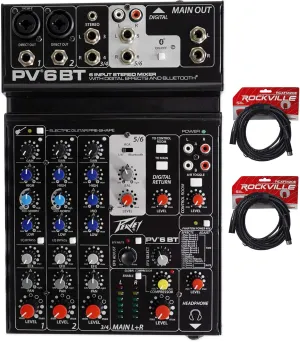 Peavey PV 6BT PV6BT Mixer, 2 Mic In, Bluetooth/USB/Compressor/FX (2) XLR Cables