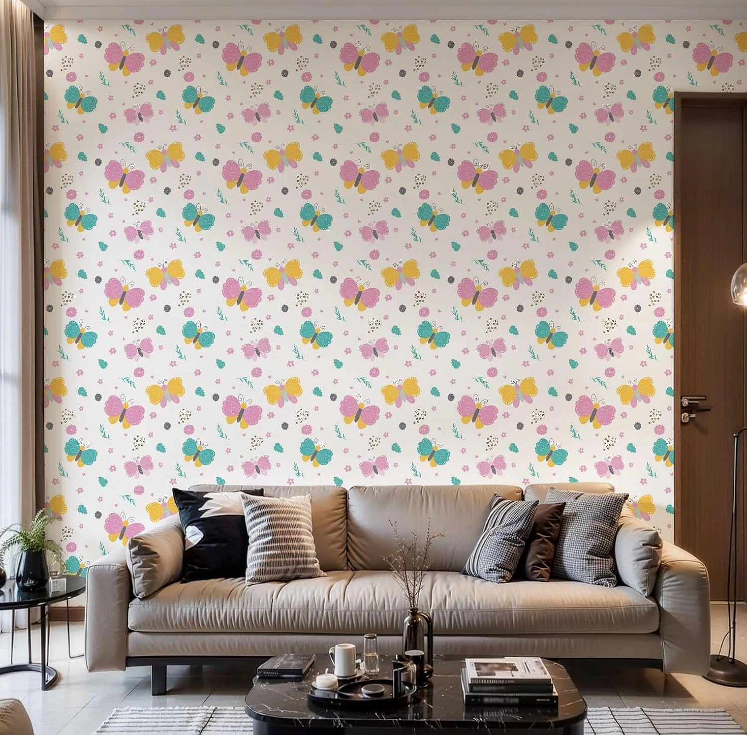 Peel and Stick Wallpaper Self Adhesive Wall Mural Scandinavian seamless pattern hand drawn colorful butterfly flowers Contact Paper Renter Friendly Wallpaper for Kitchen Nursery Bedroom 17.7"x118"