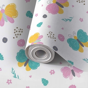Peel and Stick Wallpaper Self Adhesive Wall Mural Scandinavian seamless pattern hand drawn colorful butterfly flowers Contact Paper Renter Friendly Wallpaper for Kitchen Nursery Bedroom 17.7"x118"