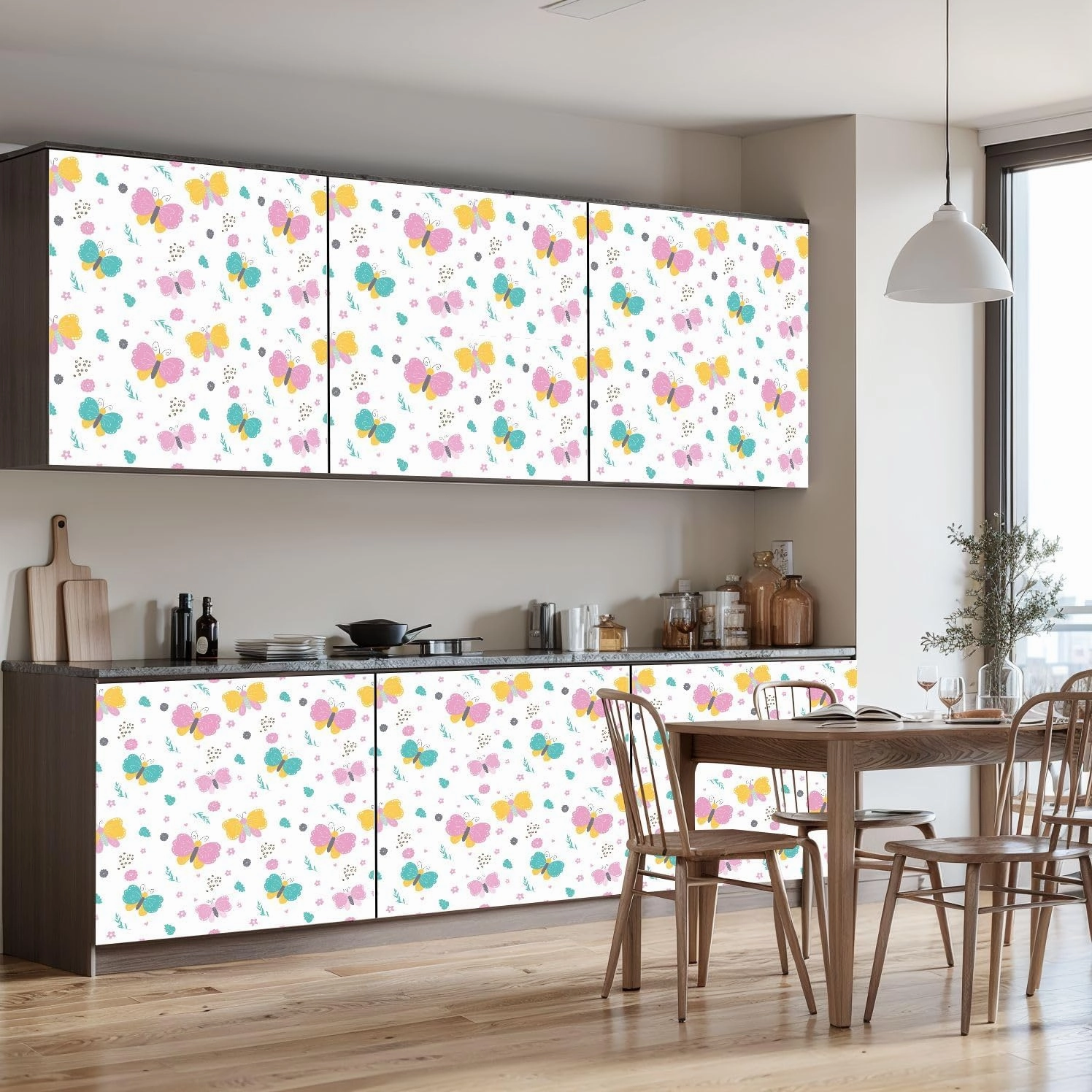 Peel and Stick Wallpaper Self Adhesive Wall Mural Scandinavian seamless pattern hand drawn colorful butterfly flowers Contact Paper Renter Friendly Wallpaper for Kitchen Nursery Bedroom 17.7"x118"