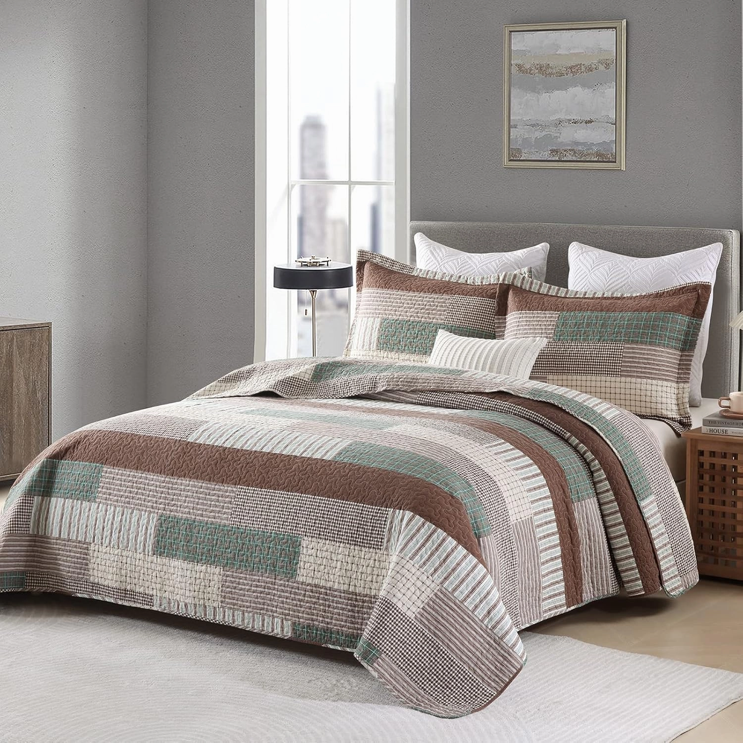 PERHOM 100% Cotton Quilt Set Queen Size - Patchwork Plaid Striped Bedding, Brown White Green Soft Lightweight Breathable Farmhouse Bedspread/Coverlet/Comforter for All Seasons Bed, 3 Pieces