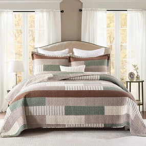 PERHOM 100% Cotton Quilt Set Queen Size - Patchwork Plaid Striped Bedding, Brown White Green Soft Lightweight Breathable Farmhouse Bedspread/Coverlet/Comforter for All Seasons Bed, 3 Pieces
