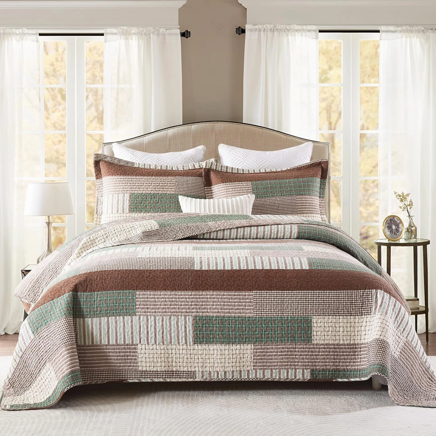 PERHOM 100% Cotton Quilt Set Queen Size - Patchwork Plaid Striped Bedding, Brown White Green Soft Lightweight Breathable Farmhouse Bedspread/Coverlet/Comforter for All Seasons Bed, 3 Pieces