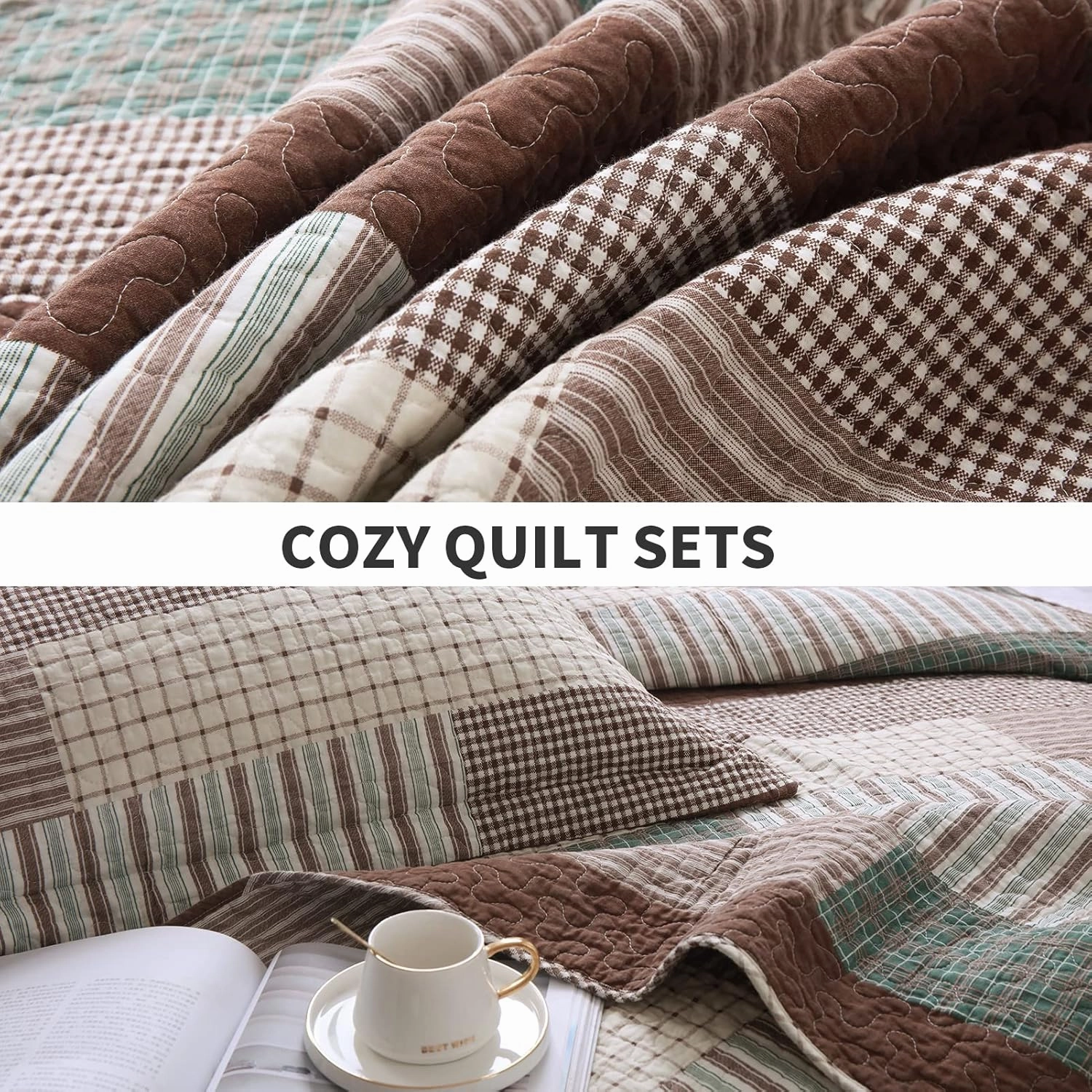 PERHOM 100% Cotton Quilt Set Queen Size - Patchwork Plaid Striped Bedding, Brown White Green Soft Lightweight Breathable Farmhouse Bedspread/Coverlet/Comforter for All Seasons Bed, 3 Pieces