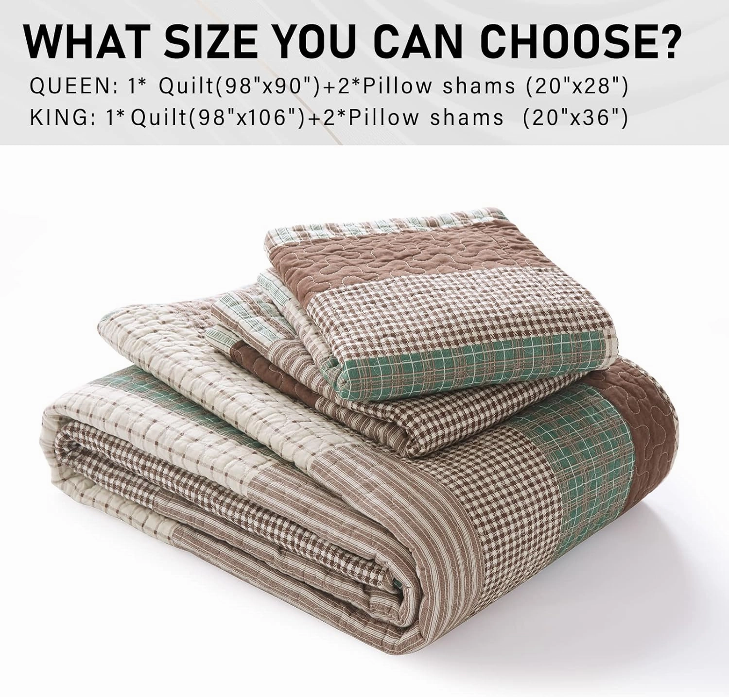 PERHOM 100% Cotton Quilt Set Queen Size - Patchwork Plaid Striped Bedding, Brown White Green Soft Lightweight Breathable Farmhouse Bedspread/Coverlet/Comforter for All Seasons Bed, 3 Pieces