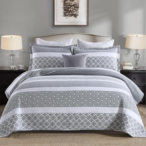 PERHOM Queen Size Quilt Set - 100% Cotton Bedding Set, Lightweight Reversible Floral Patchwork Quilts Coverlet for Queen Bed, Bluish Grey, All Season, 3-Piece