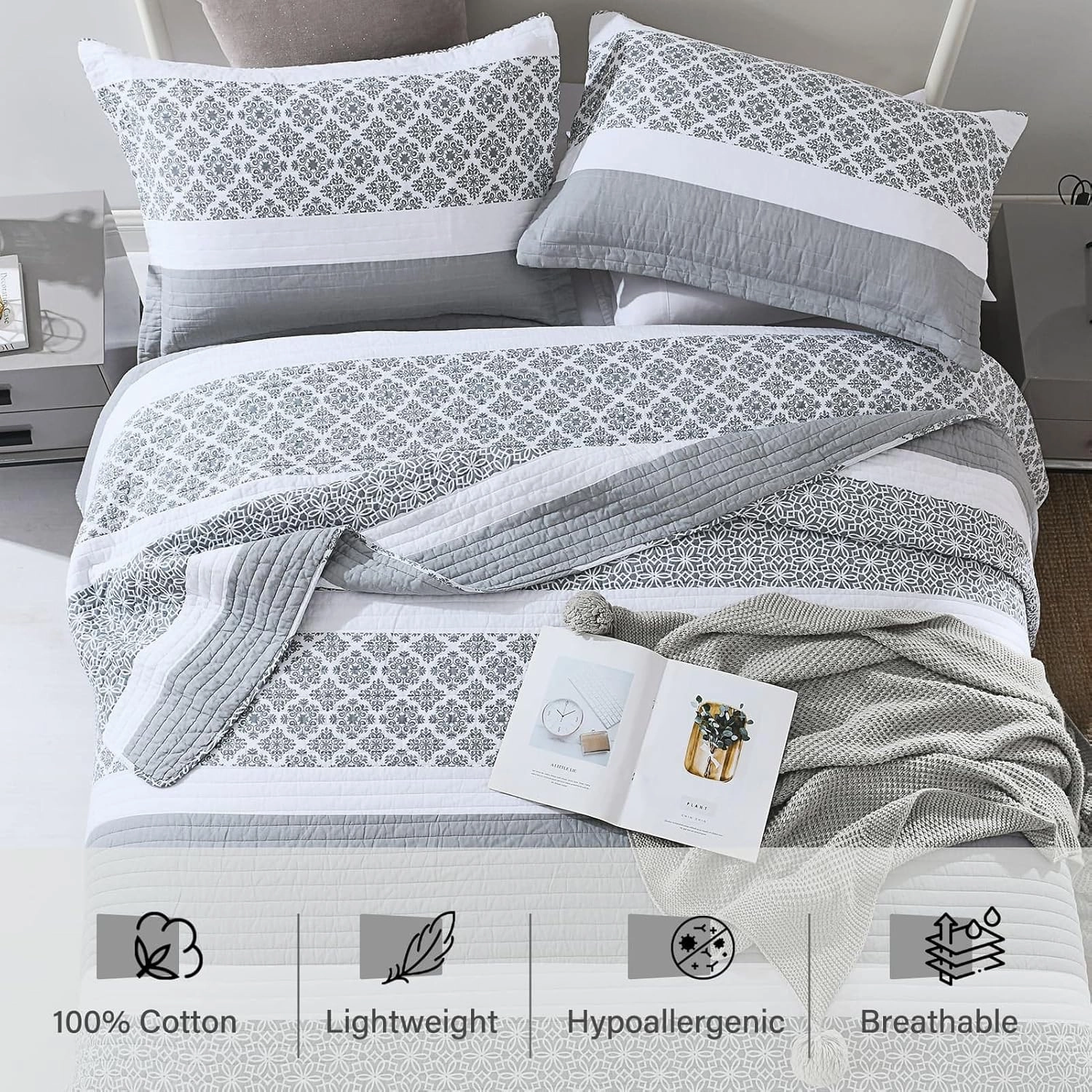PERHOM Queen Size Quilt Set - 100% Cotton Bedding Set, Lightweight Reversible Floral Patchwork Quilts Coverlet for Queen Bed, Bluish Grey, All Season, 3-Piece