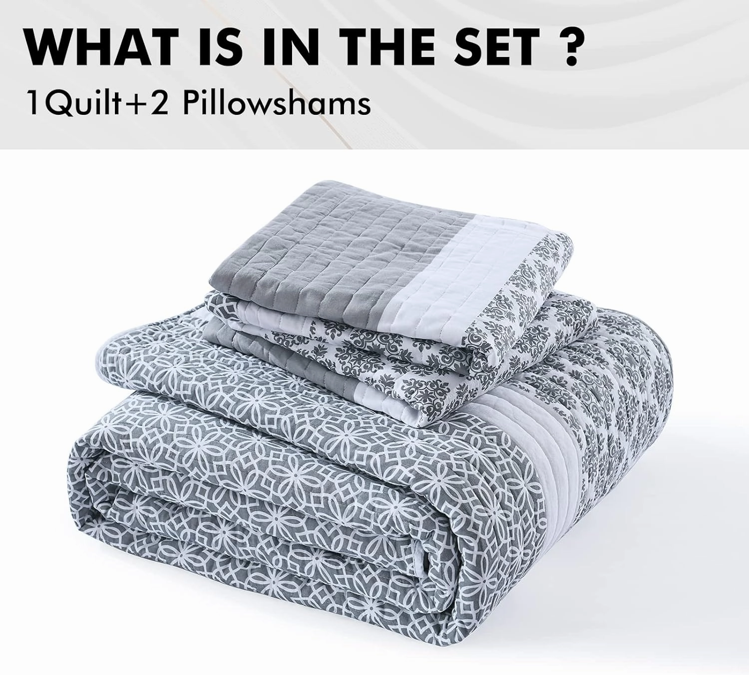 PERHOM Queen Size Quilt Set - 100% Cotton Bedding Set, Lightweight Reversible Floral Patchwork Quilts Coverlet for Queen Bed, Bluish Grey, All Season, 3-Piece