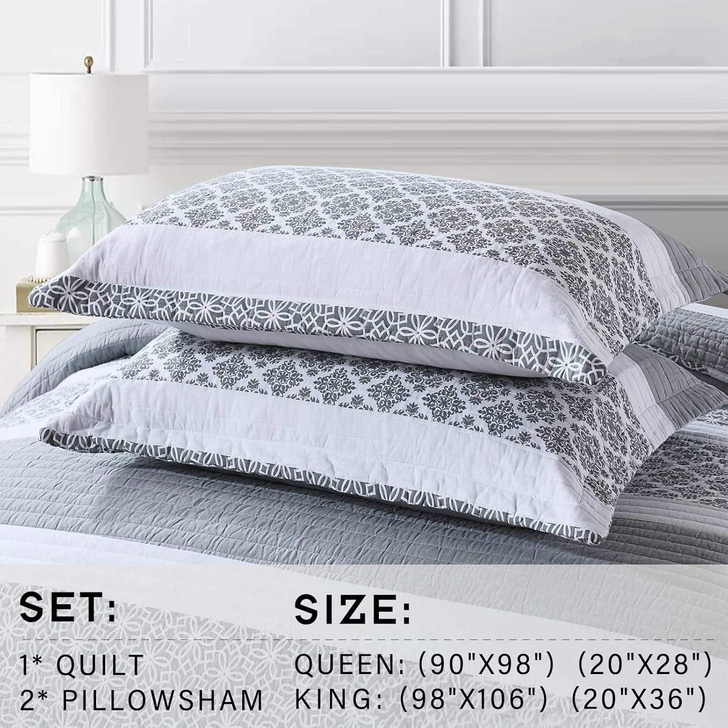 PERHOM Queen Size Quilt Set - 100% Cotton Bedding Set, Lightweight Reversible Floral Patchwork Quilts Coverlet for Queen Bed, Bluish Grey, All Season, 3-Piece