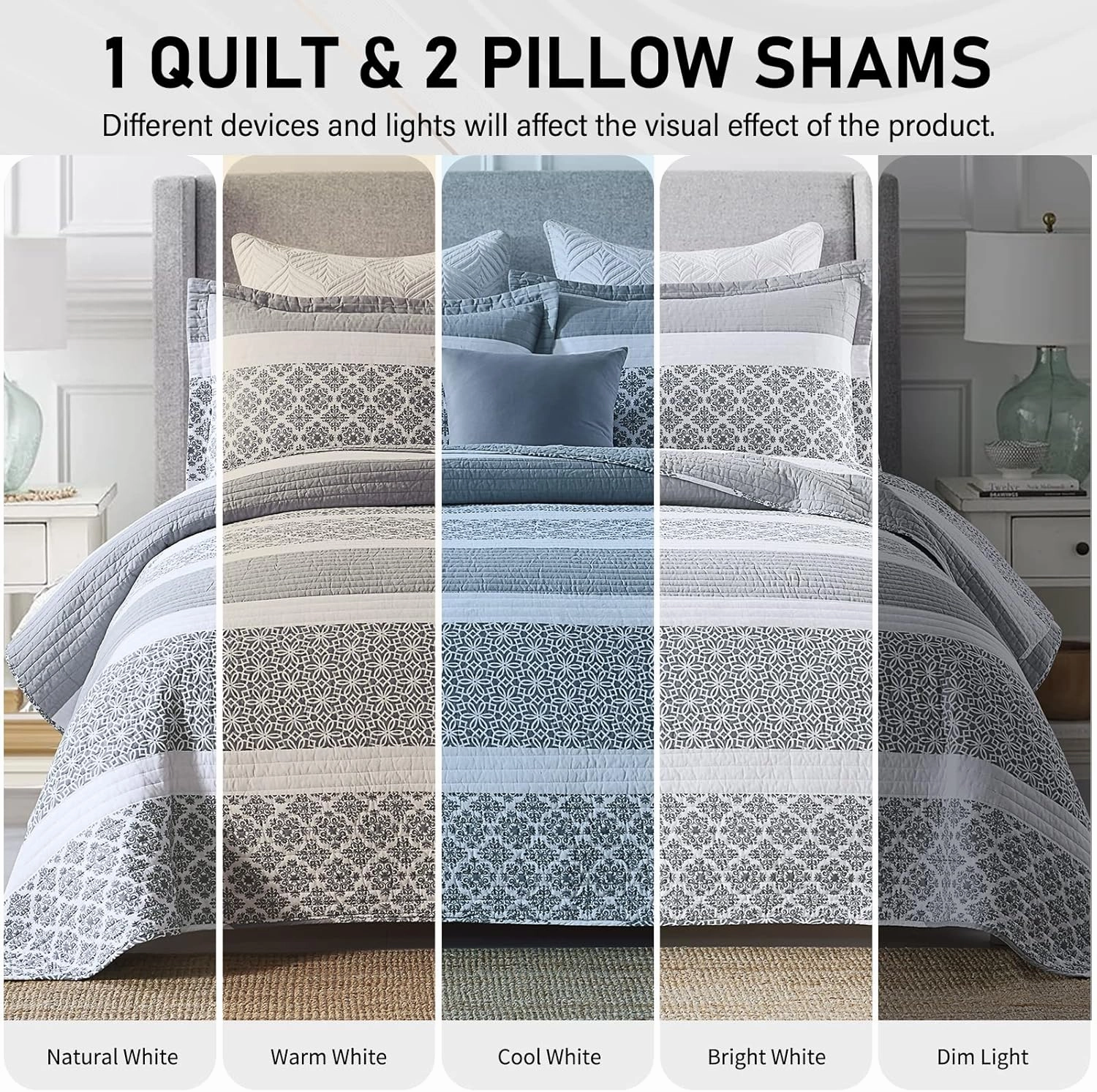 PERHOM Queen Size Quilt Set - 100% Cotton Bedding Set, Lightweight Reversible Floral Patchwork Quilts Coverlet for Queen Bed, Bluish Grey, All Season, 3-Piece