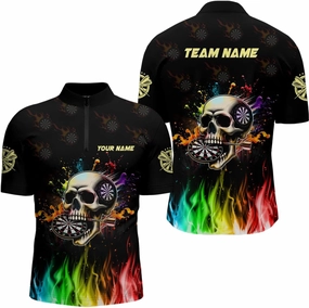Personalized Dart Jerseys for Men, Dart Shirt, Funny 3D Darts Skull Colorful Fire Darts Men Quarter-Zip