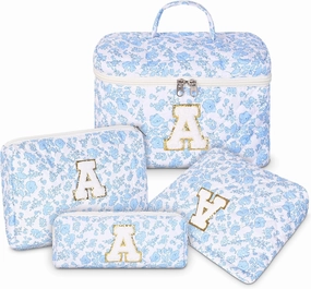 Personalized Initial Makeup Bag, Quilted Cosmetic Bag, Large Floral Make Up Bag for Women, Cotton Makeup Bag Set, Flower Travel Toiletry Bag | Birthday Gifts for Women Daughter Gifts A