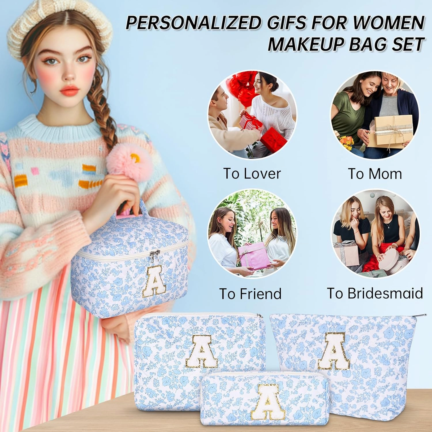 Personalized Initial Makeup Bag, Quilted Cosmetic Bag, Large Floral Make Up Bag for Women, Cotton Makeup Bag Set, Flower Travel Toiletry Bag | Birthday Gifts for Women Daughter Gifts A