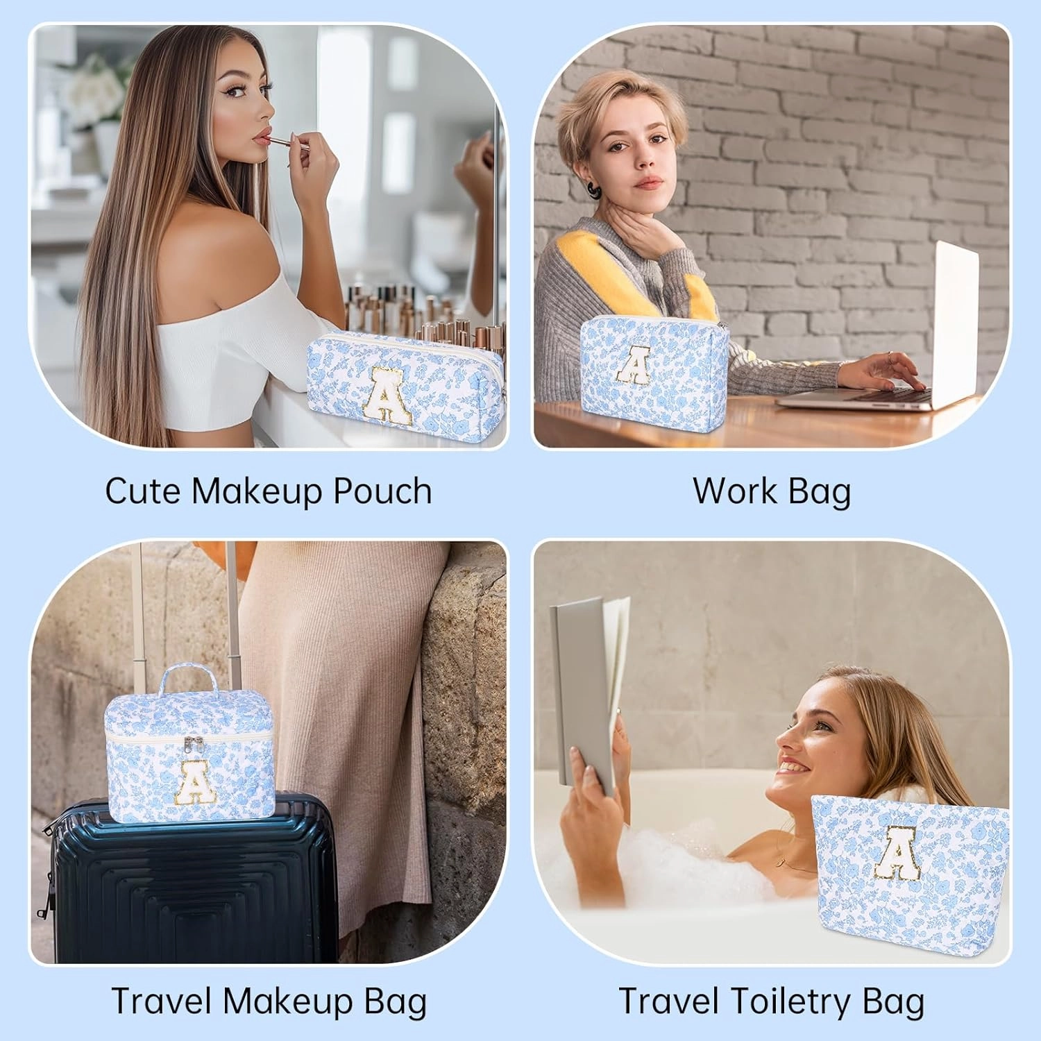 Personalized Initial Makeup Bag, Quilted Cosmetic Bag, Large Floral Make Up Bag for Women, Cotton Makeup Bag Set, Flower Travel Toiletry Bag | Birthday Gifts for Women Daughter Gifts A
