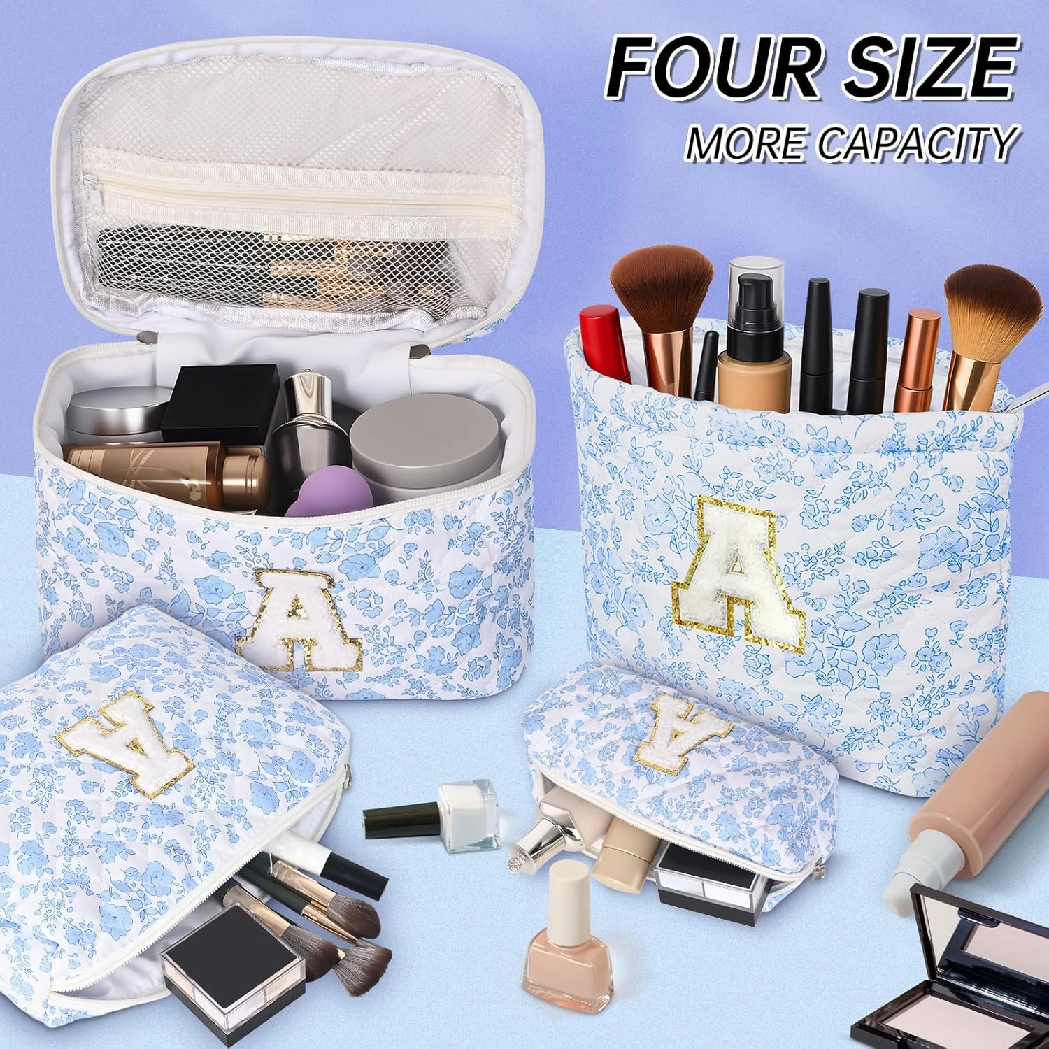 Personalized Initial Makeup Bag, Quilted Cosmetic Bag, Large Floral Make Up Bag for Women, Cotton Makeup Bag Set, Flower Travel Toiletry Bag | Birthday Gifts for Women Daughter Gifts A