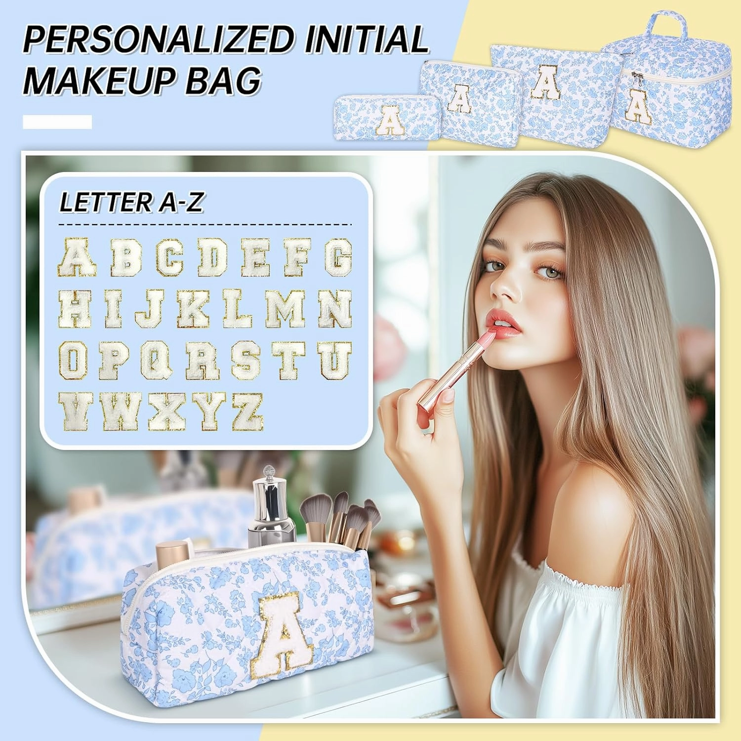 Personalized Initial Makeup Bag, Quilted Cosmetic Bag, Large Floral Make Up Bag for Women, Cotton Makeup Bag Set, Flower Travel Toiletry Bag | Birthday Gifts for Women Daughter Gifts A