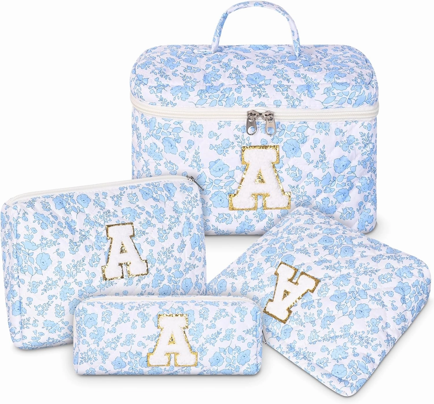 Personalized Initial Makeup Bag, Quilted Cosmetic Bag, Large Floral Make Up Bag for Women, Cotton Makeup Bag Set, Flower Travel Toiletry Bag | Birthday Gifts for Women Daughter Gifts A