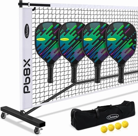 Pickleball Net Set, Portable Pickleball Set w/Wheels, 11ft & 22ft Regulation Size Pickel Ball Net, Set of 4 Balls and Paddles, Heavy Duty Frame for Backyard Driveway Outdoor