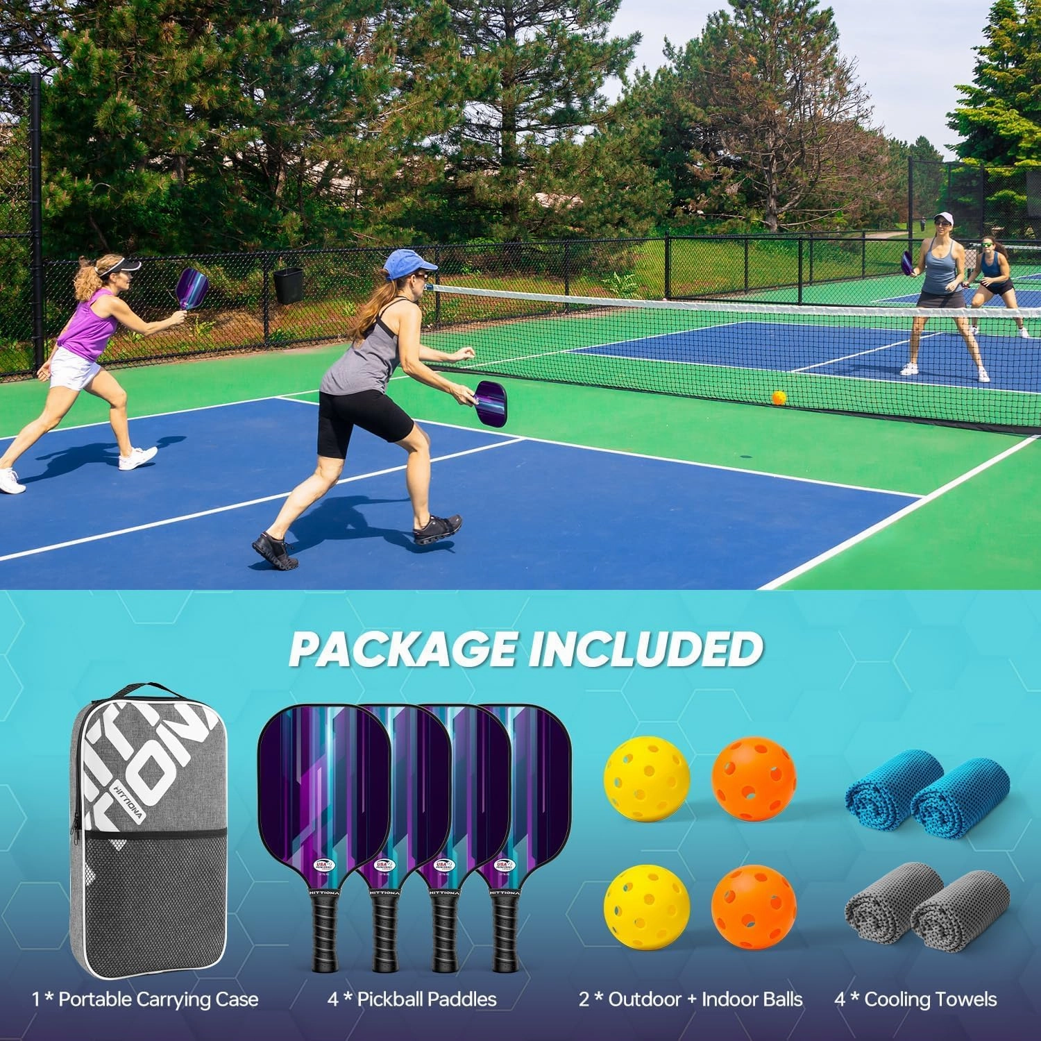 Pickleball Paddles Set of 2 - Fiberglass Pickleball Paddles for Beginners, USAPA Approved Pickle Ball Rackets 2 Pack with 4 Pickleball Balls, 1 Pickleball Net Bag, Paddles Ball Set Outdoor Indoor