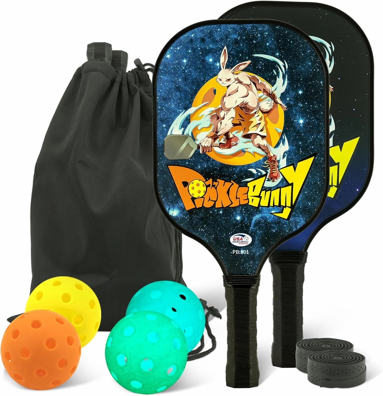 Pickleball Paddles Set of 2 Fiberglass Pickleball Paddles Set with 2 Lightweight Pickleball Paddle 4 Pickleball Balls 4 Athletic Tape and Pickleball Paddles Carrying Bag by Pickle Bunny