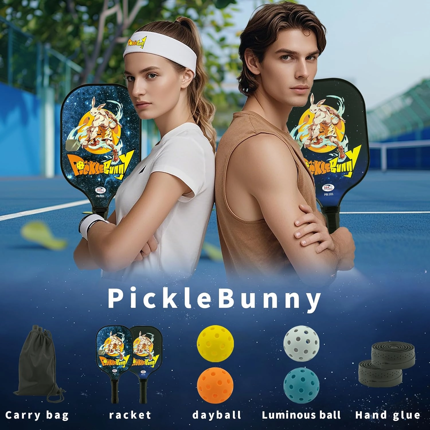 Pickleball Paddles Set of 2 Fiberglass Pickleball Paddles Set with 2 Lightweight Pickleball Paddle 4 Pickleball Balls 4 Athletic Tape and Pickleball Paddles Carrying Bag by Pickle Bunny